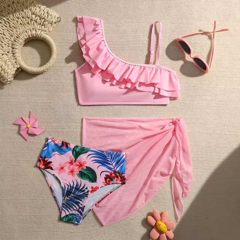 Girls Fashion High Waist Three Piece Swimsuit Set with Ruffle One Shoulder Top Printed Bottom and Sheer Wrap Skirt for Beach Pool