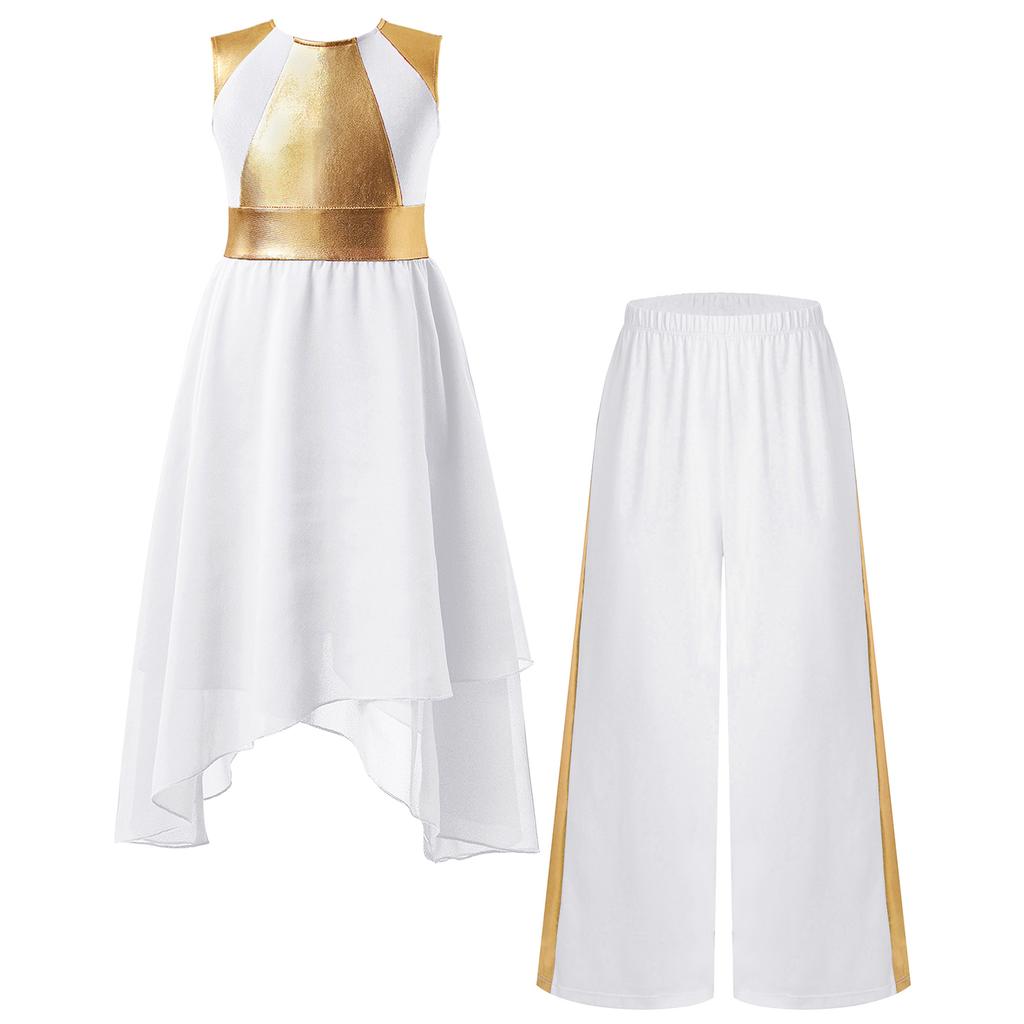Girls Sleeveless Color Block Metallic Patchwork Dress Wide Leg Pants Praise Worship Dance Costume Set