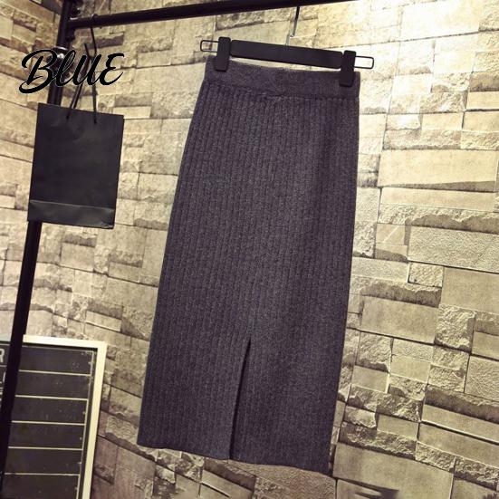 Solid Color Midi Skirt Women Knitting High Waist Back Slit Design Soft Breathable Thickened Warm Hip Wrapped