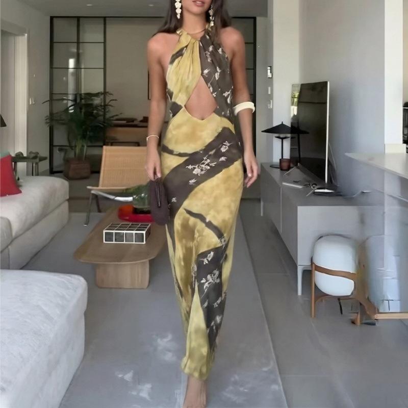 women's spring new models, cross-border European and American hot-selling, sexy and elegant neck-hanging off-the-shoulder navel slim-fitting dress