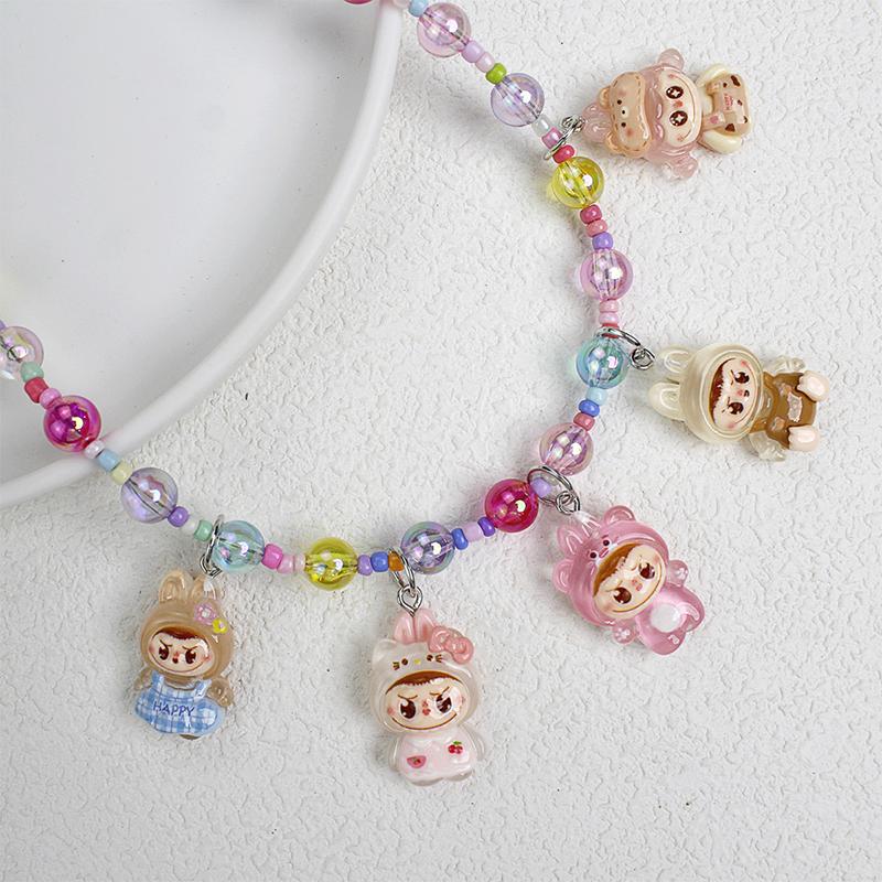 New Korean Version Transparent Resin Colored Bead Pull Cloth Necklace Cute Cartoon Pendant Accessory Chain Necklace