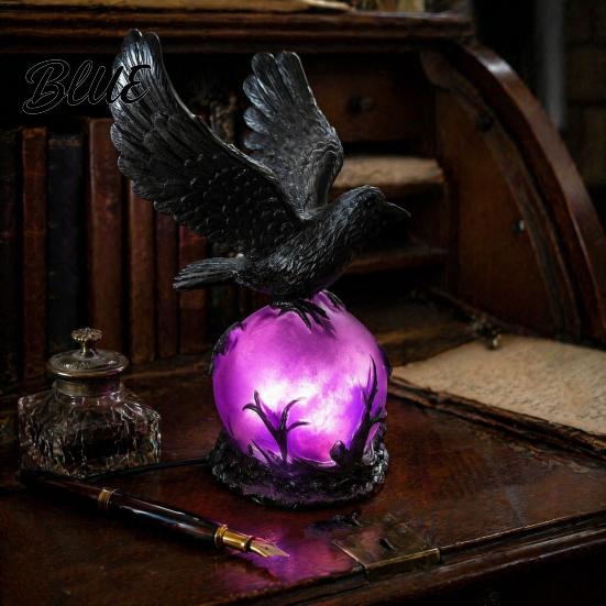 Gothic Home Decor Raven LED Ball Lamp Mysterious Crow On Orb Sculpture Statement Table Lamp Halloween Decorative for Bedside Bedroom Living Room