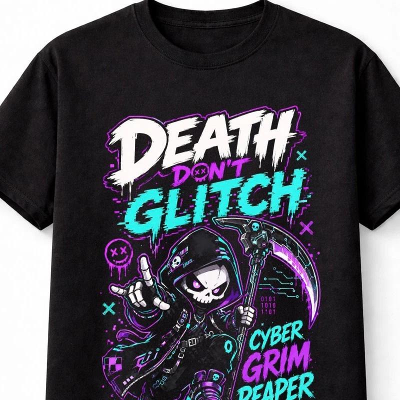 Death Dont Glitch Cyber Grim Reaper Neon Gaming Horror Unisex TShirt S