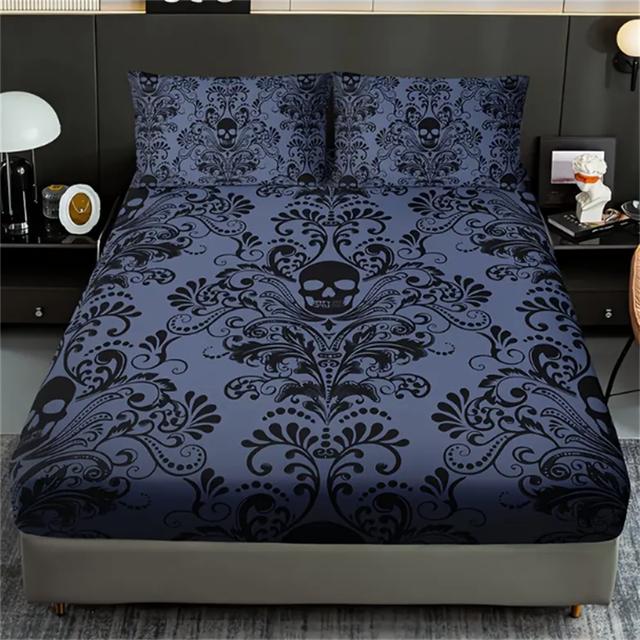 Skull Floral Design 3-Piece Bed Sheet Set - 100% Polyester, Digital Print, Breathable All-Season Fitted Sheet and Pillowcase Set