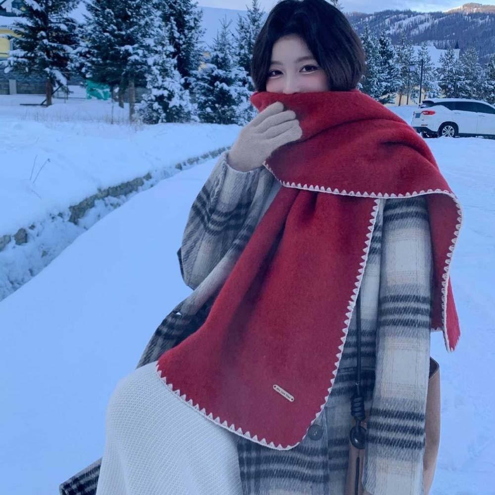 Polyester Long Thickened Neckscarf Solid Color Women Warmer Scarf Lock Edge Winter Scarf  Outdoor