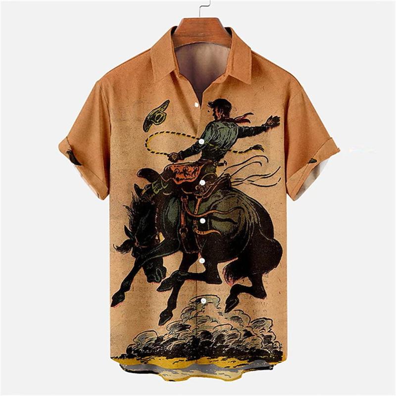 Vintage Men's Shirts Casual Retro Cowboy Poster Shirts 3D Print Turndown Collar Shirt Short Sleeve Shirt Summer Shirts For Men