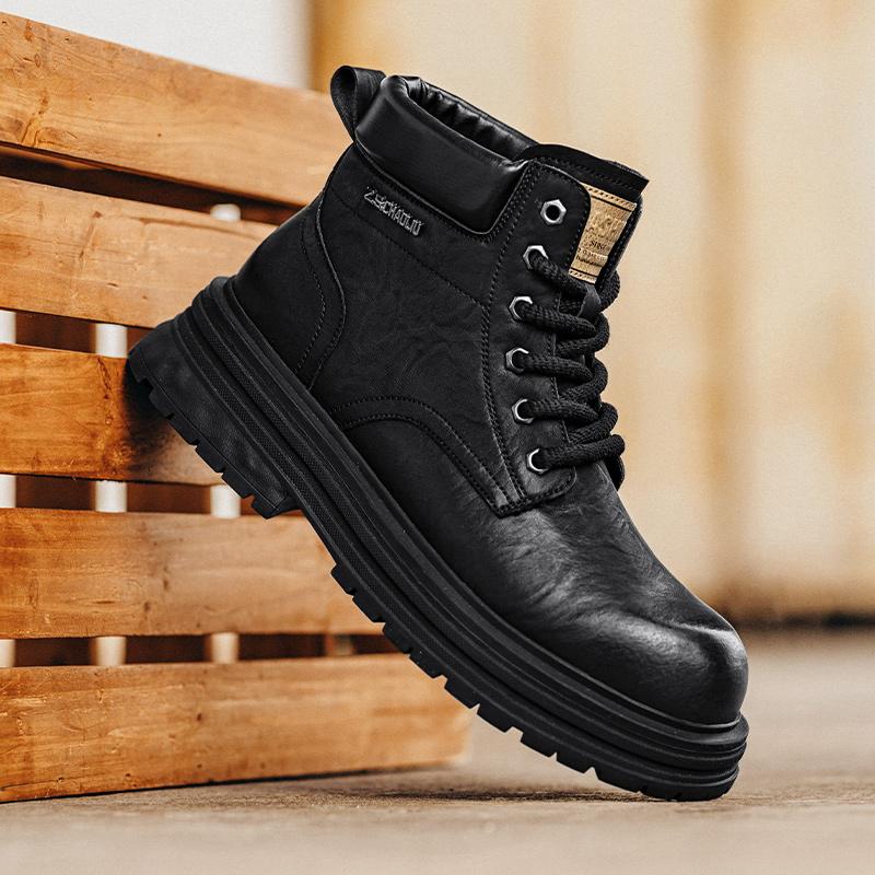 2024 Trend Mens Leather Boots High Quality Casual Mens Ankle Boots Lace-up Business Outdoor Non-Slip Thick Sole Mens Boots