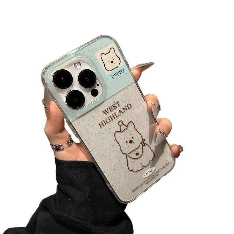 Ice blue line West Highland applies to Apple 17promax mobile phone case iPhone16 glitter 14 cute 15 soft case