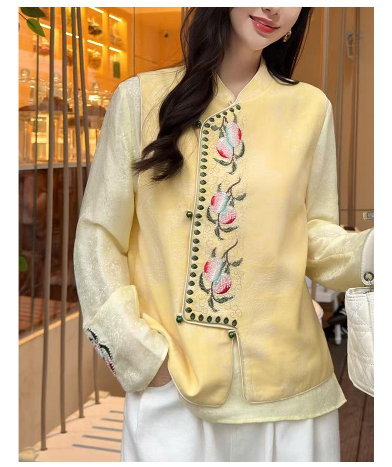 Silk Blend Jacquard Round Neck Hollow Out Slimming Top for Women - 2026 Spring Long Sleeve