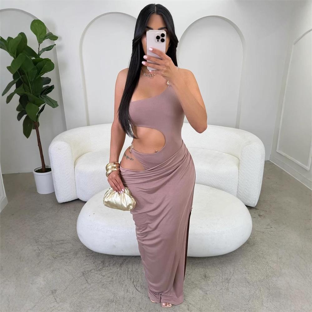 Europe and the United States new cross-border fashion banquet solid color temperament slim sexy hollow design long dress hip dress women