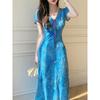 Summer New Casual Blue White Oblique Cut Printing Embroidery White Oblique Cut Short-sleeved Dress