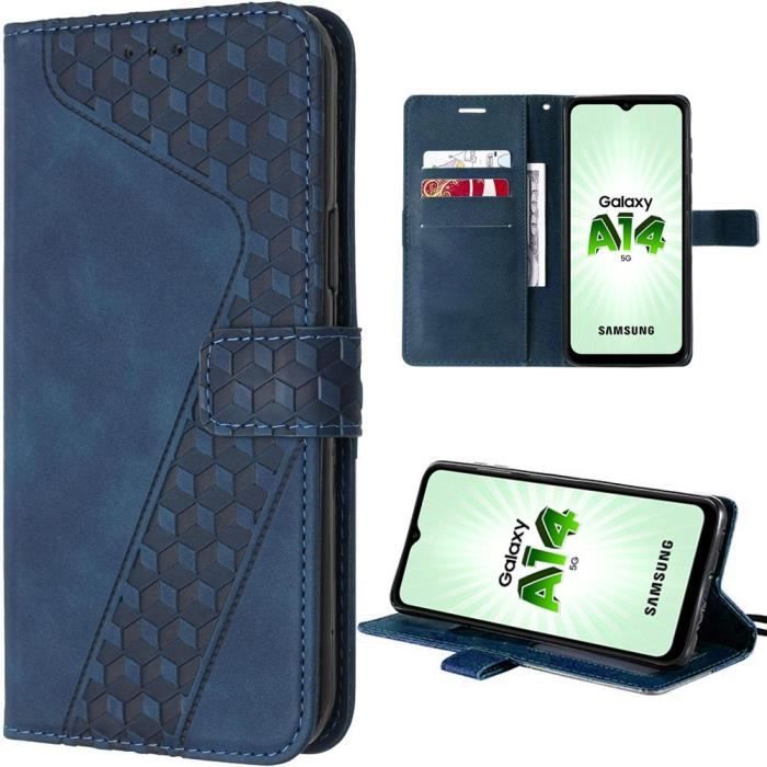 Coque de protection - booling - samsung galaxy a14/a14 5g - cuir pu - bleu marine - motif relief