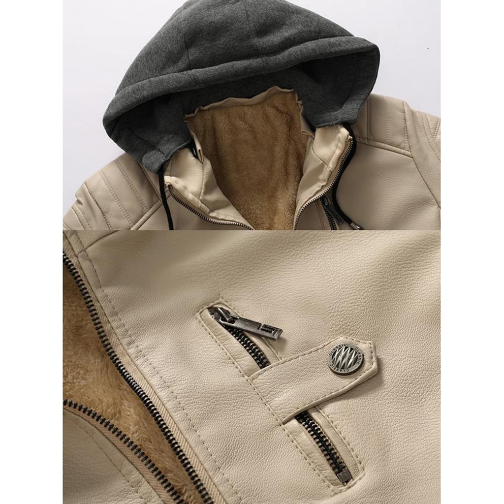 Pánská ležérní módní jednobarevná kožená bunda se zipem a kapucí