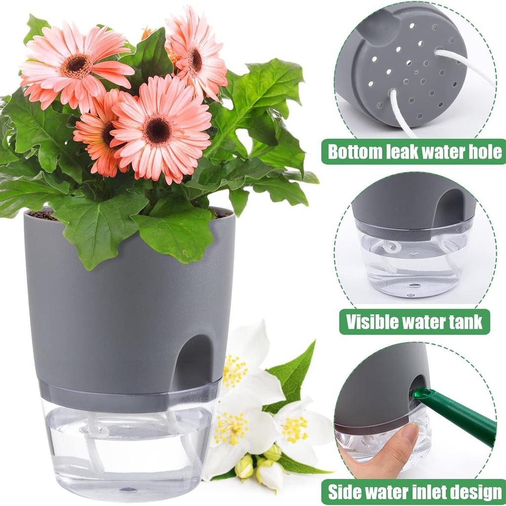 Transparent Double Layer Plastic Flower Pot Self Watering Flowerpot Cotton Rope Watering Small Plant Pot with Injection Port