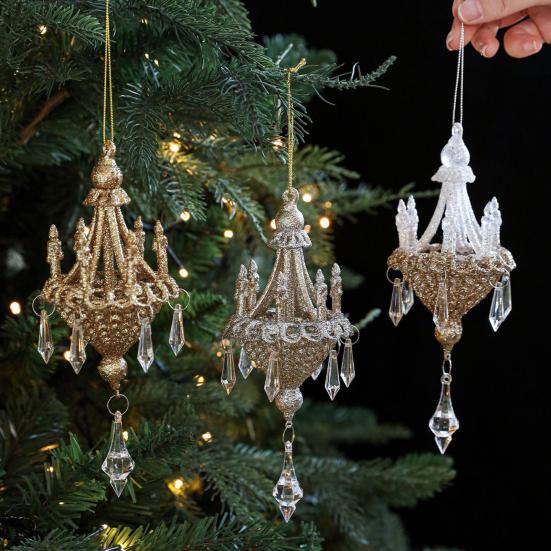 Glitter Chandelier Ornament 7 Inch Sparkling Acrylic Chandelier Christmas Tree Ornaments with Faux Crystal for Trees Doors Holiday Home Decor