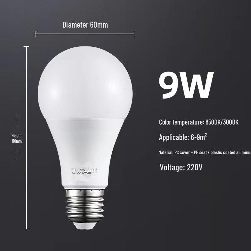 Energy-efficient LED bulb with linear constant current, plastic-coated aluminum design, suitable for household use with E27 screw base.