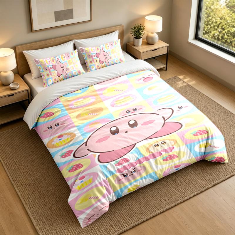 Soft Bedding Set Kirby Pattern, 1 Duvet Cover Plus 2 Pillowcases Stylish Bedroom Home Textile