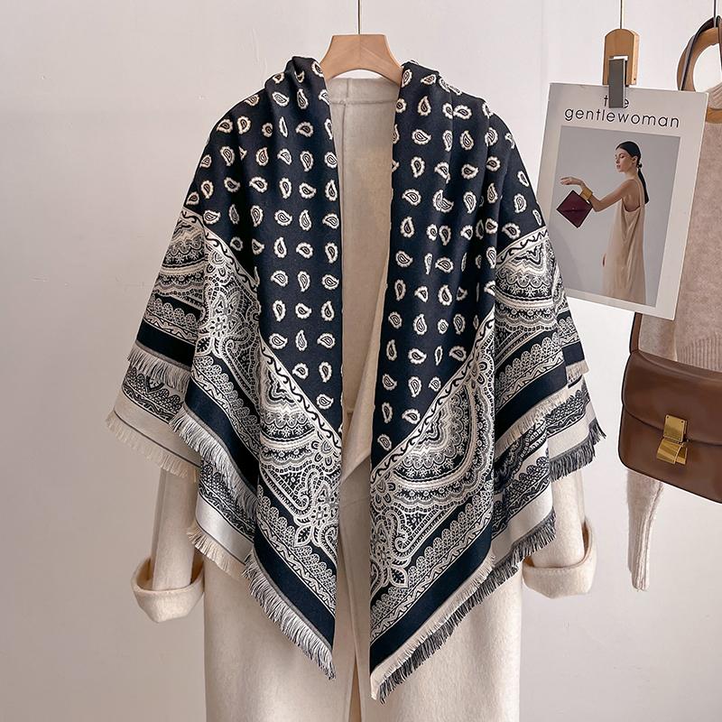 Women'S Fashion Faux Cashmere Winter Scarf Vintage Print With Tassels Thick Warm Pashmina Two-Sided Wrap Outdoor Shawls Foul