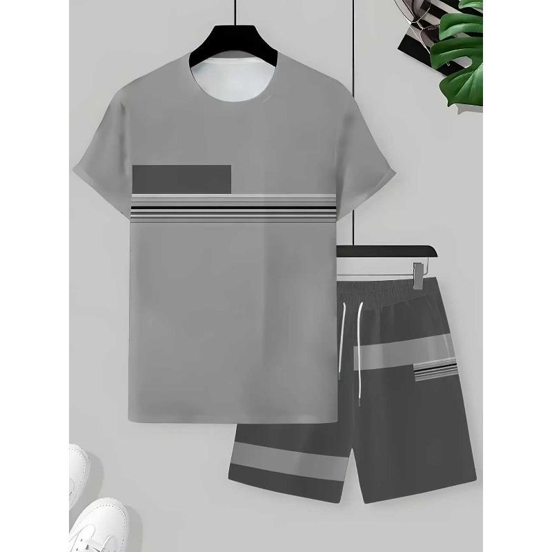 Summer  Arrival Men's Casual Two-Piece Set Striped Print Short-Sleeve Shirt and Athletic Shorts Set