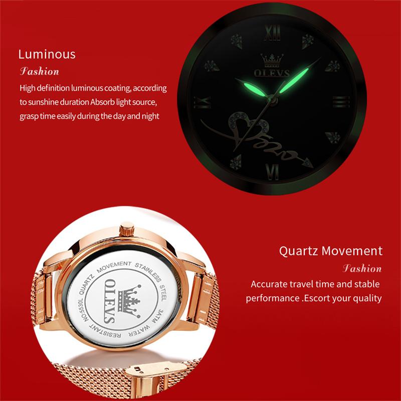OLEVS Elegant Rose Gold Women Watch Love Heart Rhinestone Milanese Mesh Band Waterproof Dress Quartz Wristwatch For Ladies