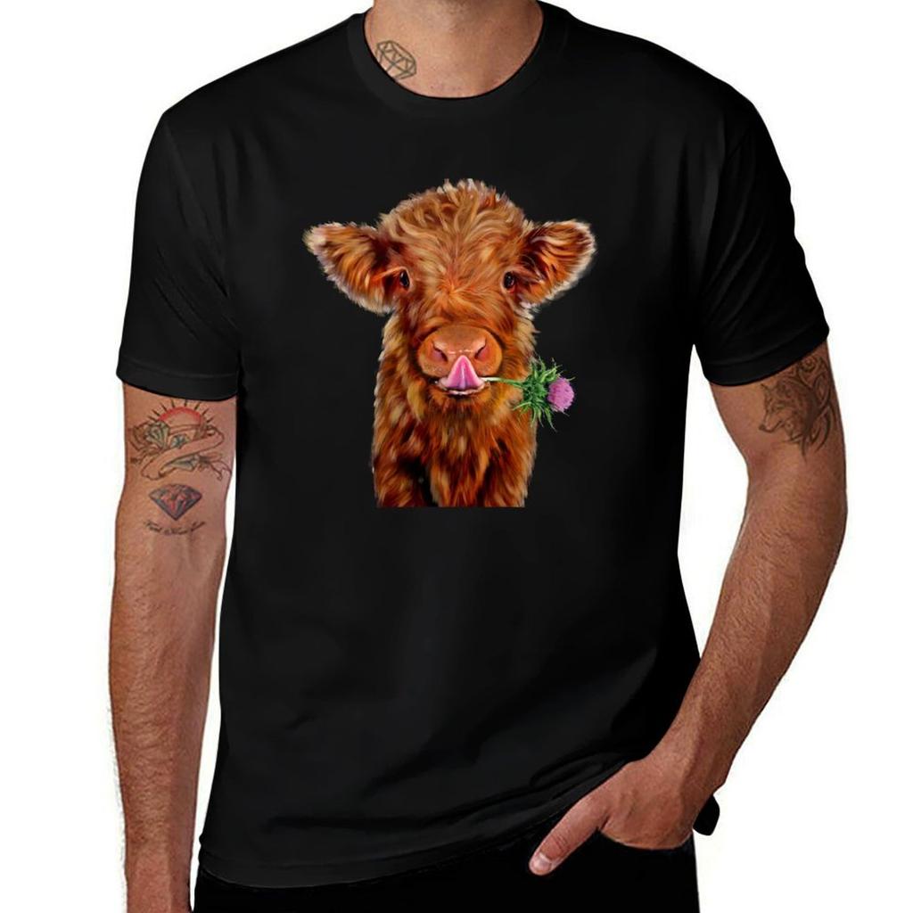 Baby Highland Cow With Thistle Flower Tshirt Cotton T Shirts Unisex 100 Anime Tshirt Tshirt