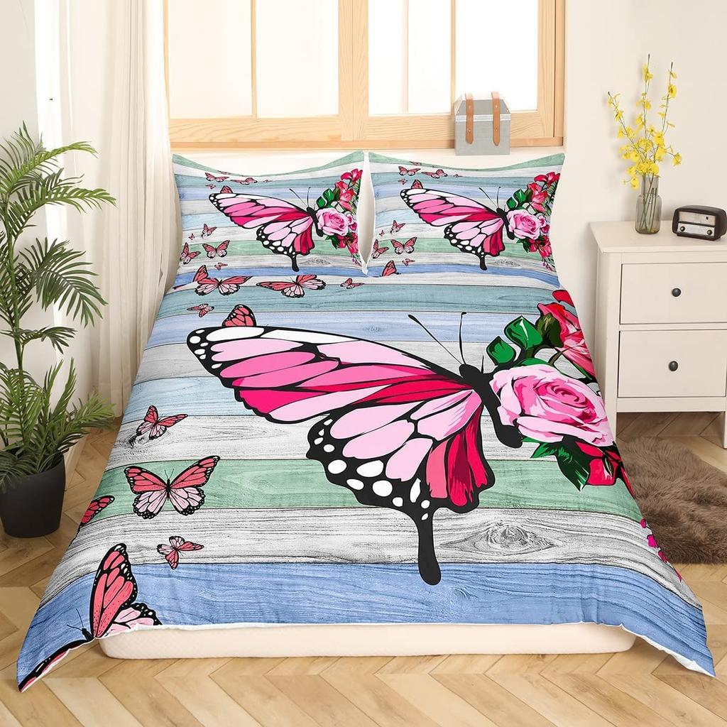 Rustic Farmhouse Wood Door Print Comforter Cover Butterfly Theme Duvet Cover,Girl Women Pink Rose Flower Bedding Set for Bedroom