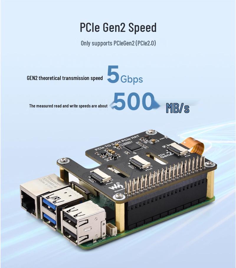 Raspberry Pi5 Dual-Channel PCIe HAT Expansion Board with Stackable 16P FFC Interface and GPIO Access.