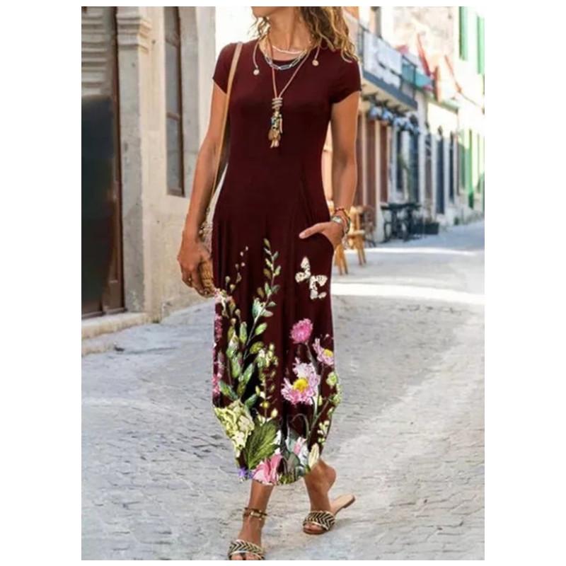 

Женское платье с круглым вырезом, карманом, коротким рукавом и принтом - Модный стиль 2022 года 3XL