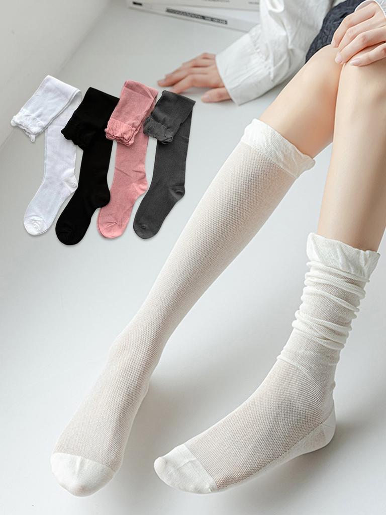 1/4 Pairs Thin Calf Socks, Women's Stacking Socks, Fashion Bubble Cuff Design Breathable Spice Girls Ballet Style Stockings