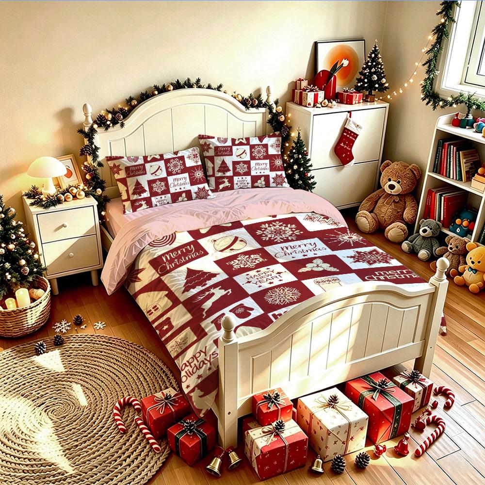 Christmas Duvet Cover Set 3Pcs Red White Patchwork Reindeer Snowflake Print Soft Microfiber Bedding with Pillowcases