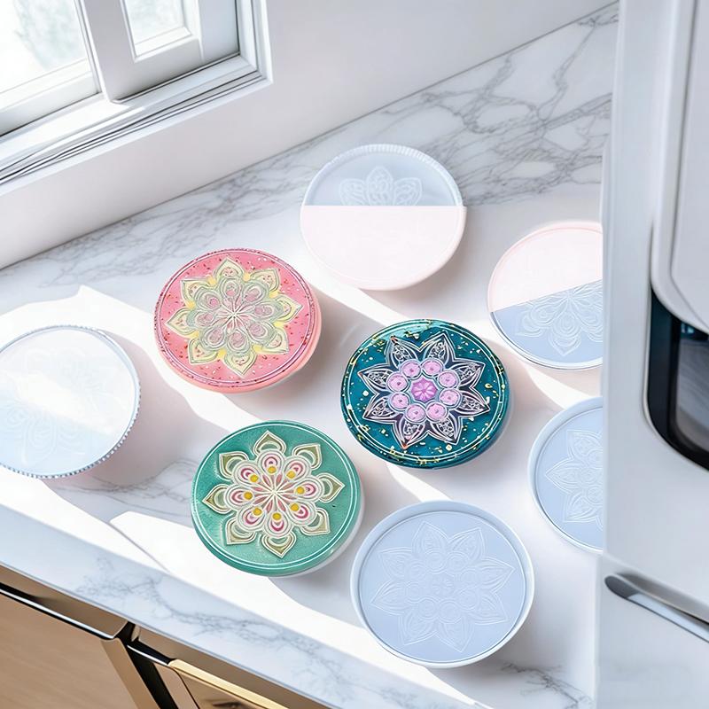 WTEMPO Epoxy Resin Embossing Molds Set DIY Bohemian Style Coaster Making Molds Creative Patterned Silicone Molds Circular Groove Teacup Mats Molds