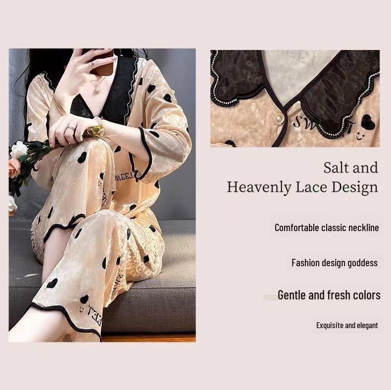 Set de pijama din catifea aurie pentru femei cu cupe pentru bust - Cardigan de lux cu mâneci lungi, costum din două piese pentru toamna/iarna 2024.