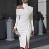 2026 Spring Women's Pleated High Neck Irregular Long Sleeve Dress