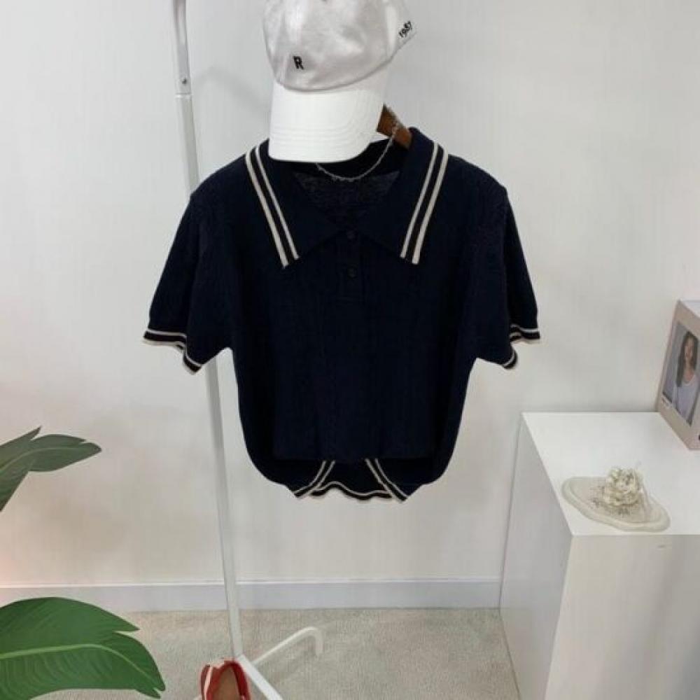 C S In The Room Napa Cable Knit Stripe Collar neCk Short Sleeve Knitwear 3Color