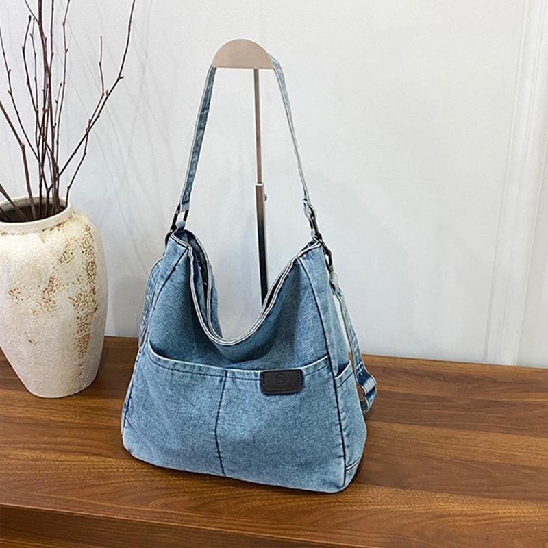 Vintage Denim Shoulder Bag Women's Large Capacity Messenger Bag Multi-pockets Satchel Adjustable Strap Ladies Crossbody Bag AVE