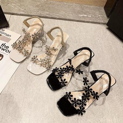Comercio exterior talla grande verano nuevo sandalias de tacón alto celebridad de internet cristal tacón grueso moda tacón medio estilo de hada tacones altos transparentes