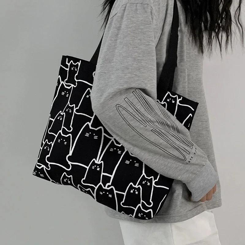 

Girls Women Graphic Tote Bag Cartoon Small Shoulder Cute Cat Shopper Handbags Shoulder Fashion Canvas Casual Shopping