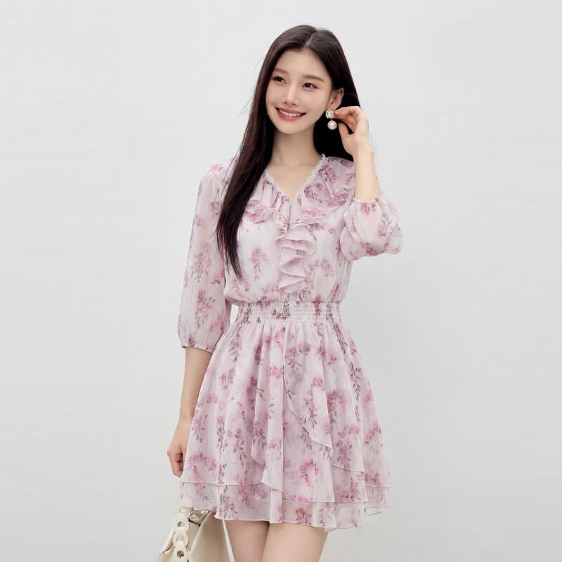 

Aqiushe Романтичное мини-платье с цветочным принтом, V-образным вырезом и силуэтом А L