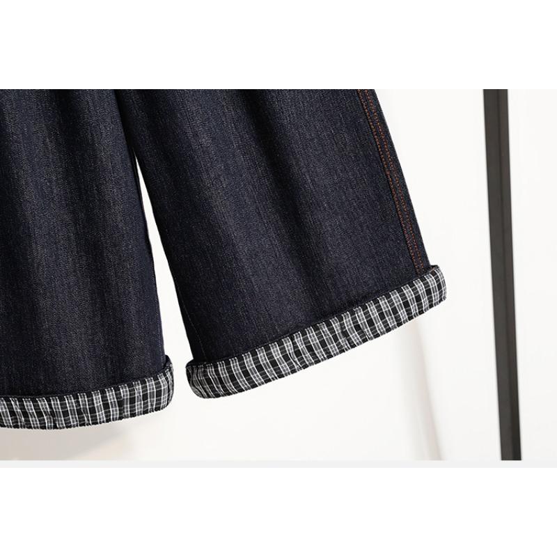 DIMANAF 2026 Spring Summer Plus Size Women Long Pants Denim Jeans Elastic Waist Oversize Loose Cotton Plaid Blue