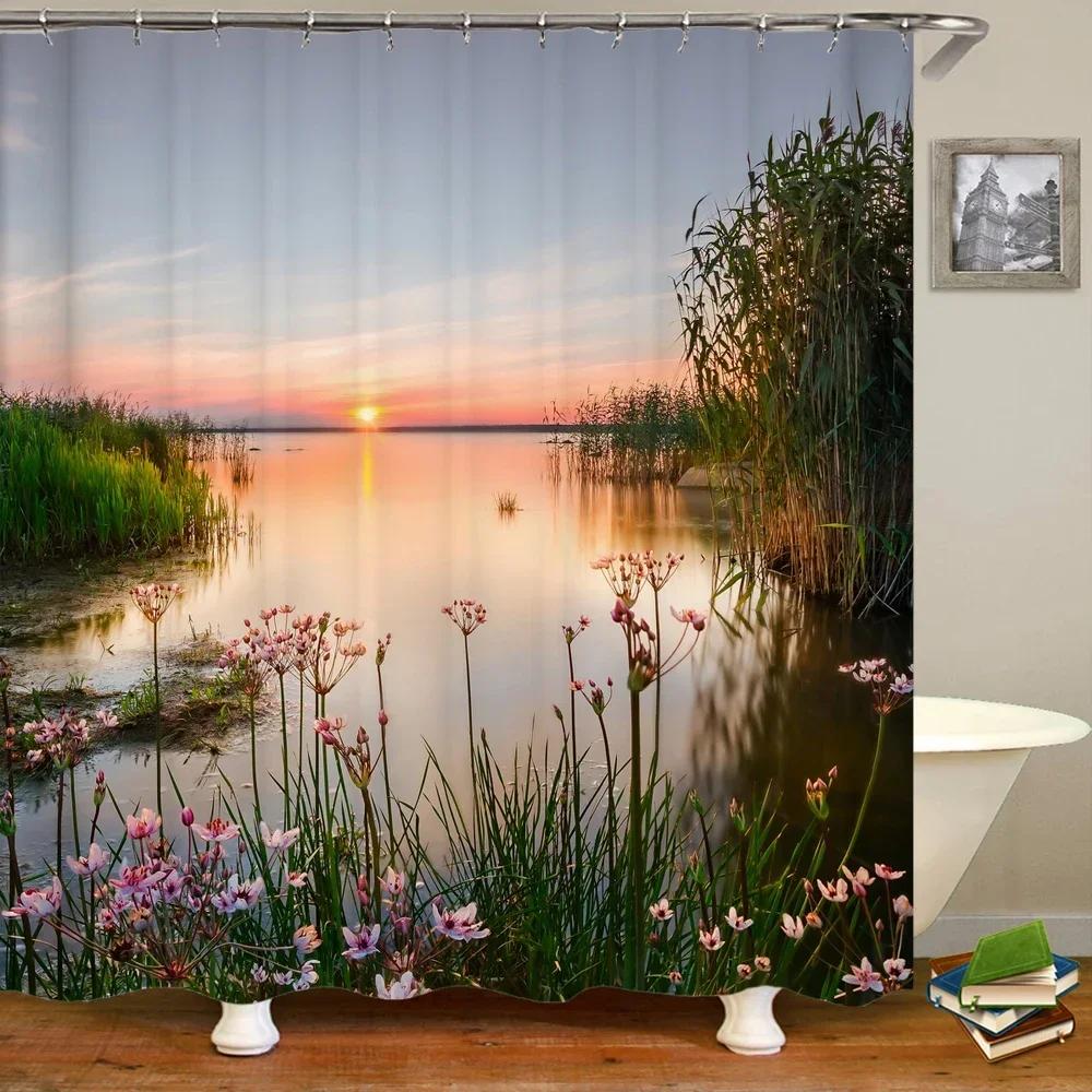 Natur Waldlandschaft Duschvorhänge Badezimmervorhang Stoff Wasserdicht Polyester Landschaft Badevorhang mit Haken
