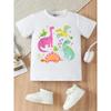 European Size Girls Round Neck Short Sleeved T Shirt with Cartoon Dinosaur Pattern