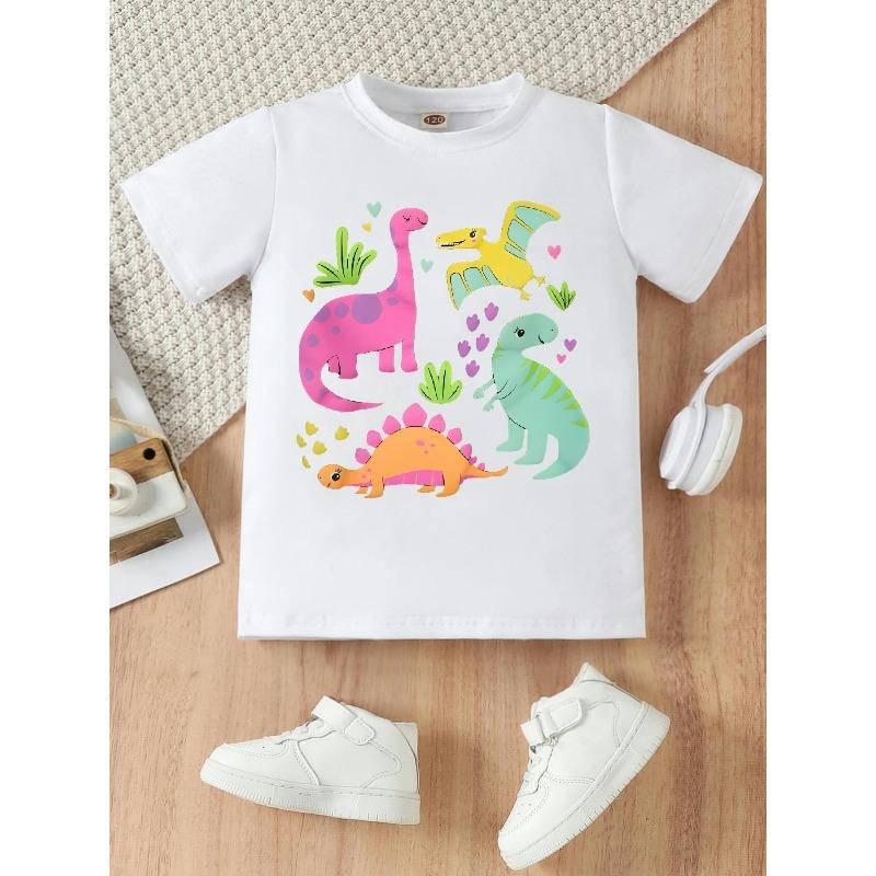 European Size Girls Round Neck Short Sleeved T Shirt with Cartoon Dinosaur Pattern