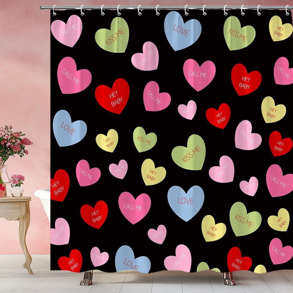 Valentines Shower Curtain Colorful Heart Love Sweet Romantic Couple Valentine's Theme Fabric Bathroom Curtain Set with Hooks