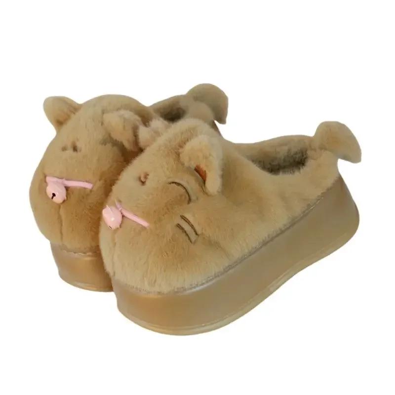 Fashion girl lovely white cat cotton slippers new 2024 winter women fur slides slippers warm comfort indoor home platform fluffy slipper