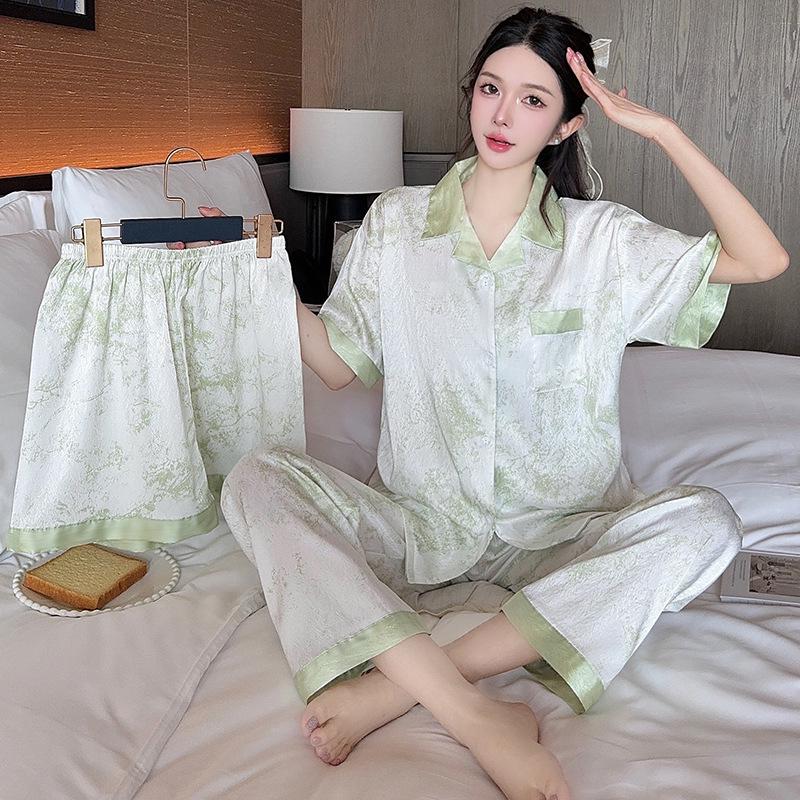 Women's Ice Silk Cherry Print Pajama Set - Elegant Summer Three-Piece Lounge Wear