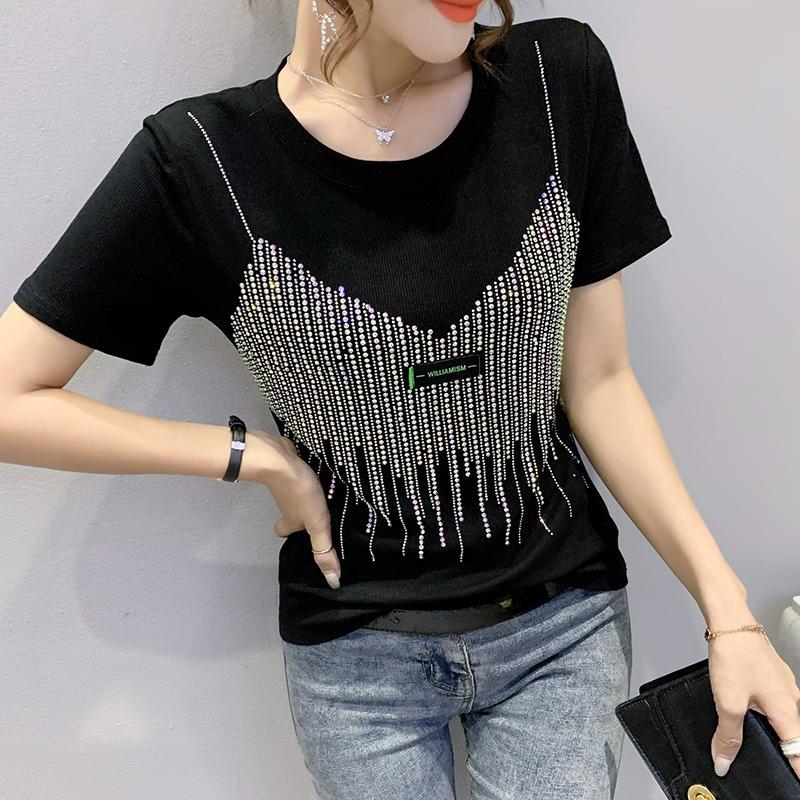 Women Casual Solid Color O-Neck Letter Labels T-shirt Summer Diamond Short Sleeve Shirts Fashion Streetwear Tees Top