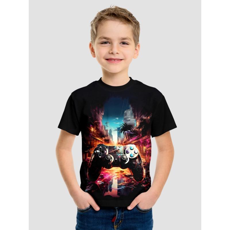 Koszulki dziecięce Letnie z okrągłym dekoltem 3D Wzór z kreskówek Nadruk Top Modne i swobodne Koszulki z krótkim rękawem dla chłopców