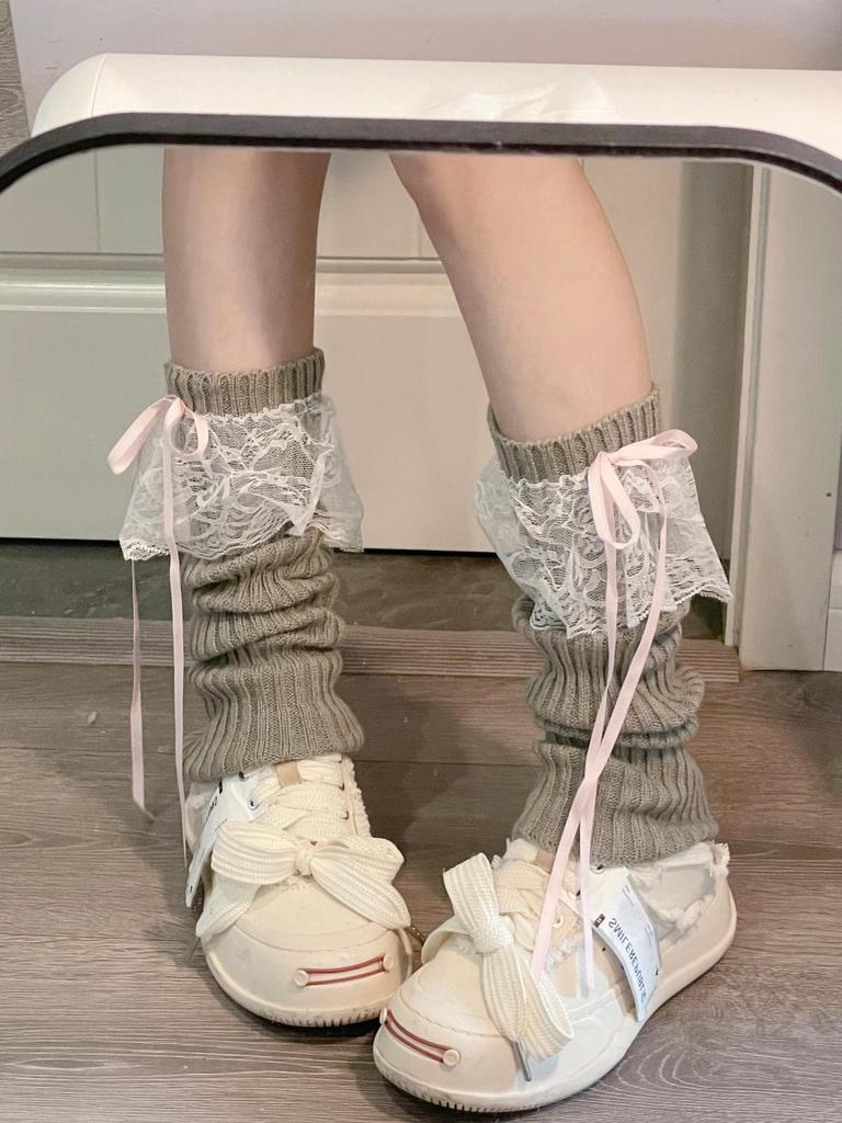 Japanese Lace Bow Knot Leg Warmers, Autumn/Winter Mid-Calf Socks, Academy Style
