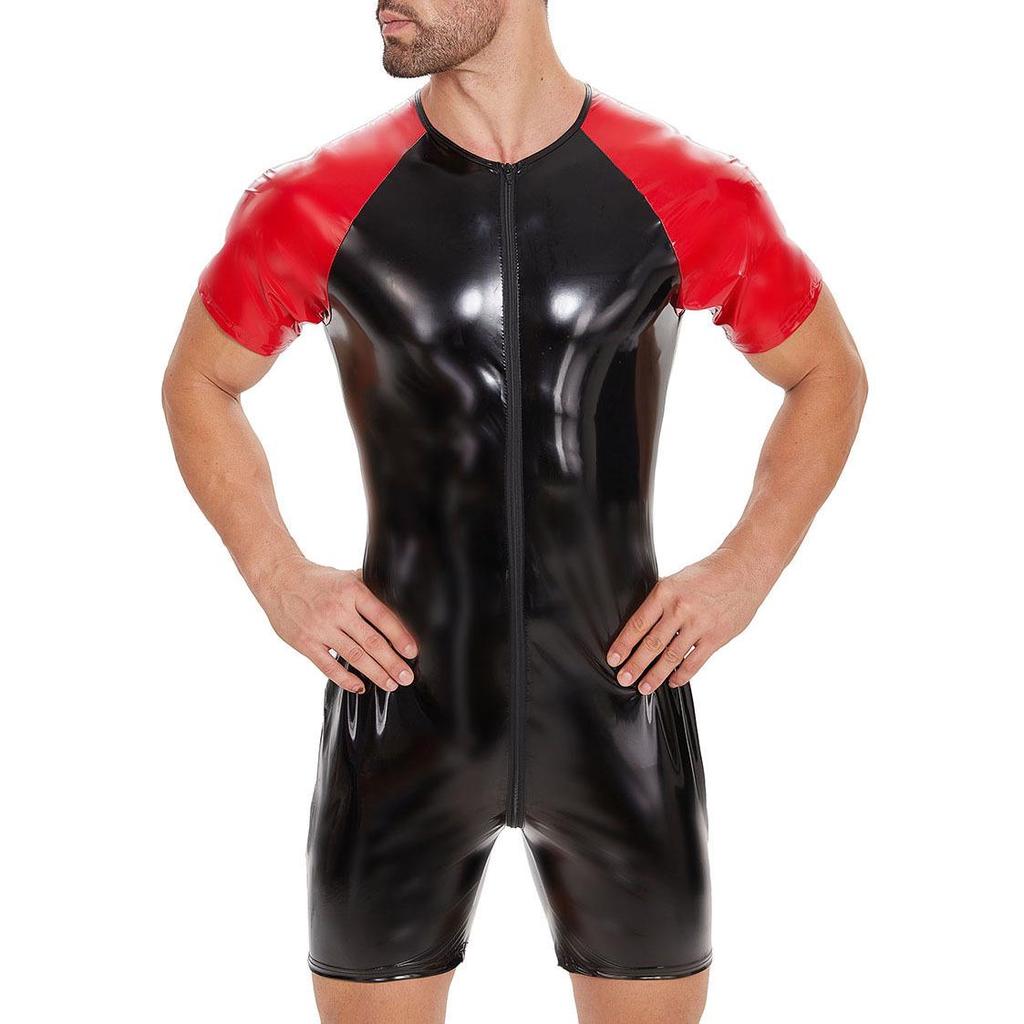 Men's European & American PVC Shiny Leather Bodysuit - Sexy Slim-Fit Patchwork Performance Wear.