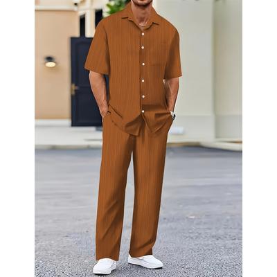 Lässiges gestreiftes Kurzarm-Sweatshirt für Herren mit Button-Down-Hemdkragen und Hose mit elastischem Bund aus Polyester-Textil-Elasthan-Mischgewebe, zweiteilig